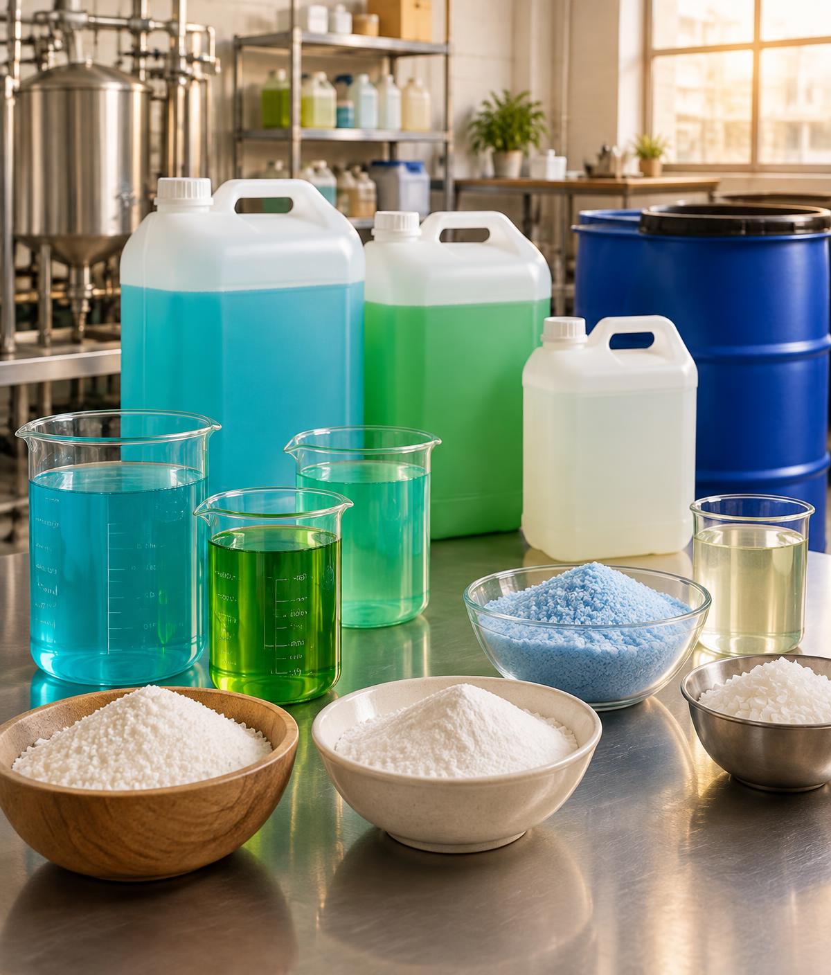 Vasos de precipitado, garrafas y polvos para elaborar productos de limpieza